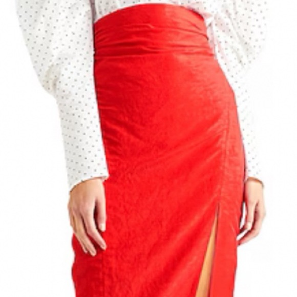 CARMEN MARCH red linen high rise gathered waist fitted midi slit pencil skirt - Picture 2 of 9